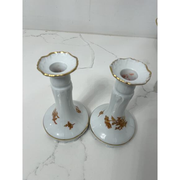 Limoges France Porcelain Candle Holders/Sticks White Gold Trim Floral Pair 2 Vtg - Picture 2 of 5